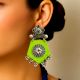 Light Green Fabric Jhumka Earrings With Silver Details